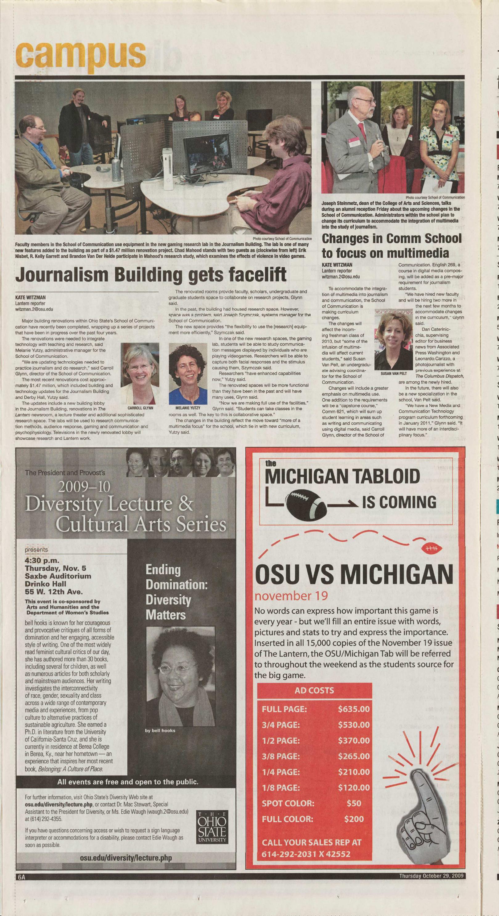 A scanned October 29, 2009 Lantern newspaper page featuring the headline Journalism Building gets facelift alongside a photograph of the renovated building.