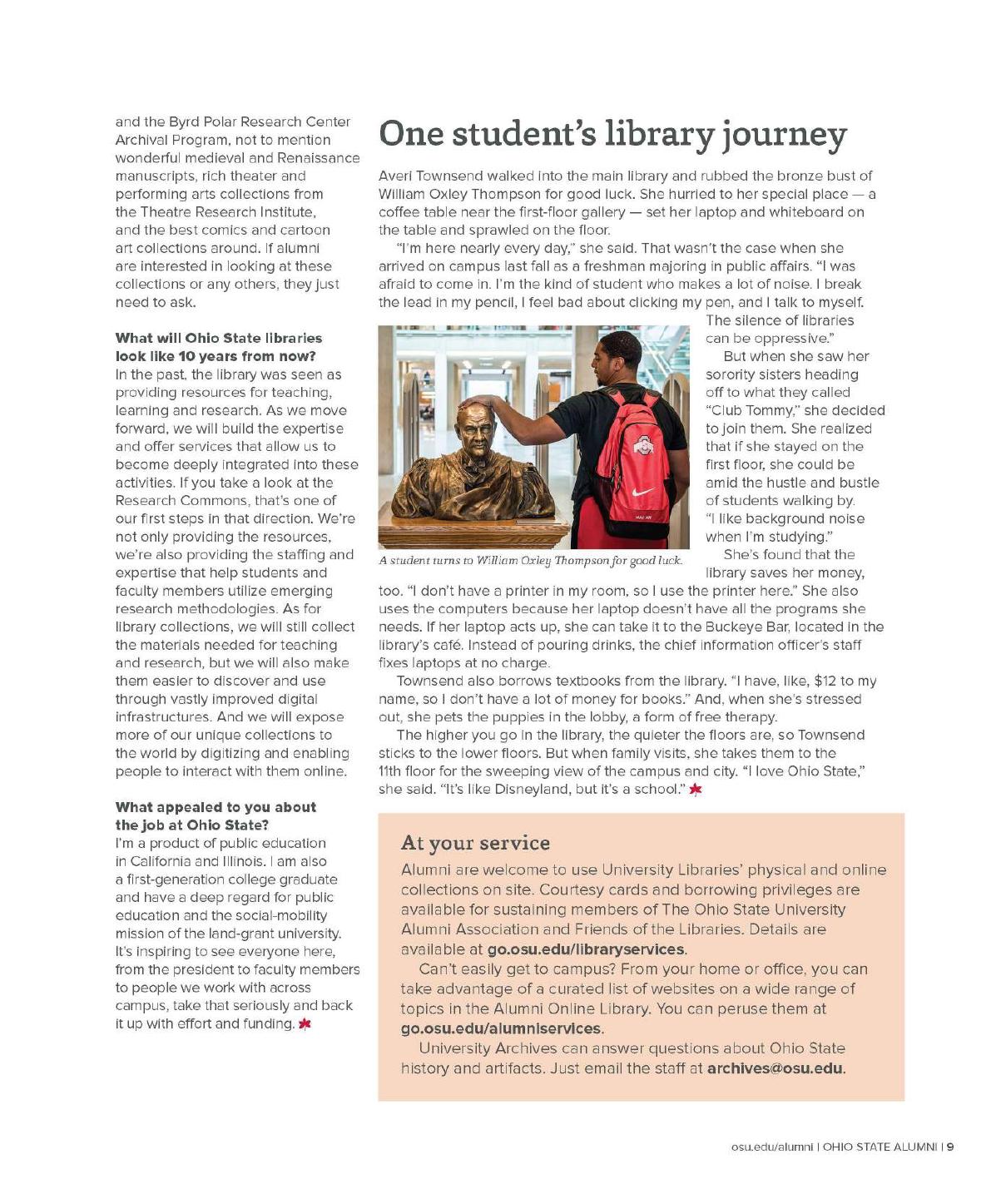A two-page 2016 Ohio State Alumni magazine spread titled Beyond the Stacks, combining photographs of library collections with a feature about student Averi Townsend’s daily library use.