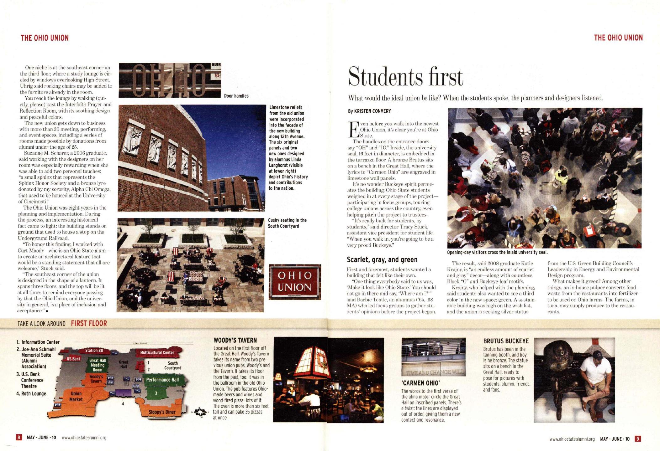 A 2010 Ohio State Alumni magazine page titled Students First with photographs and text explaining student participation in planning the new Ohio Union.