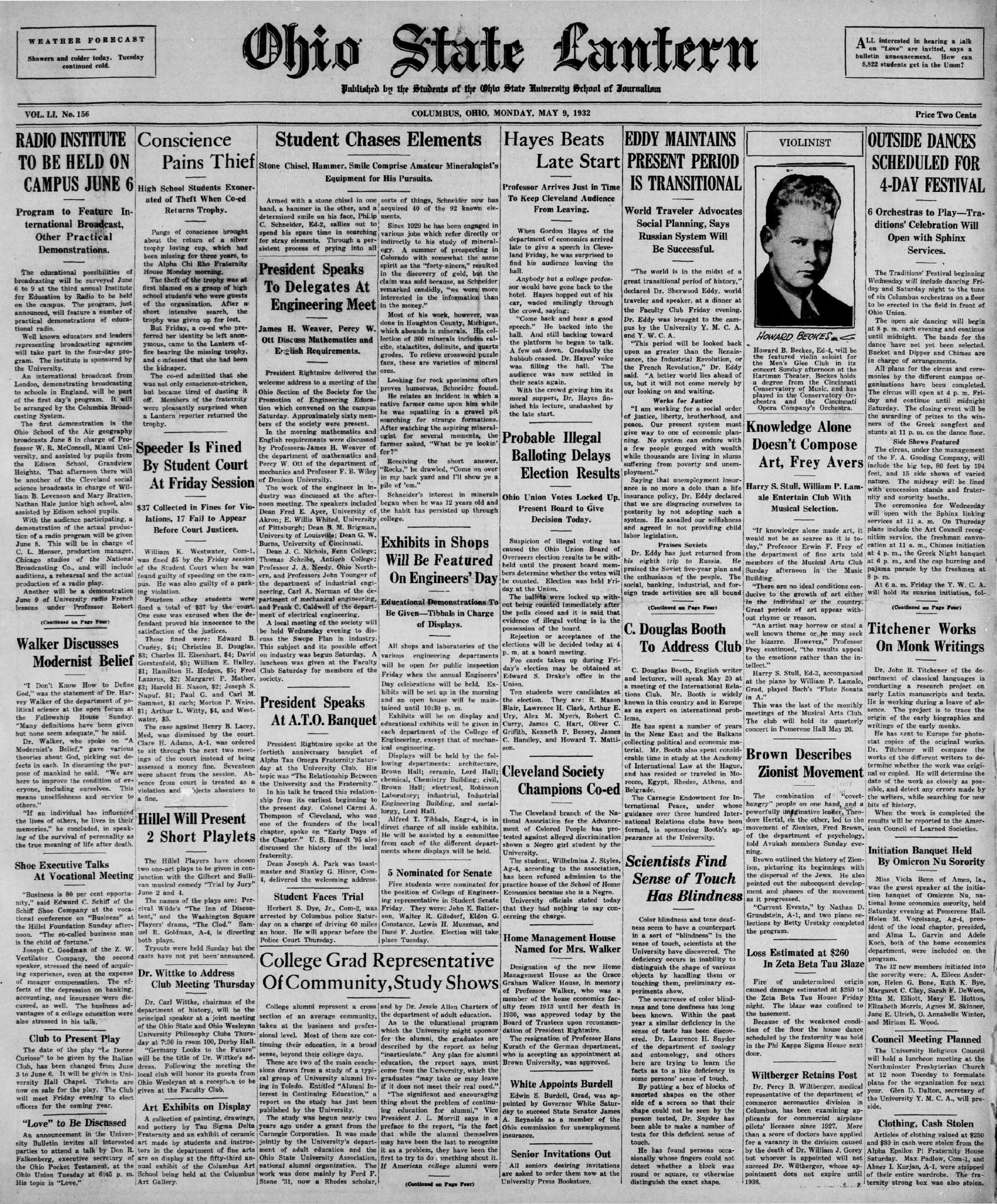 A scanned May 9, 1932 Ohio State Lantern newspaper page with many narrow columns, including notices about the naming of Grace Graham Walker House and the exclusion of Wilhelmina J. Styles from a Home Economics practice house.